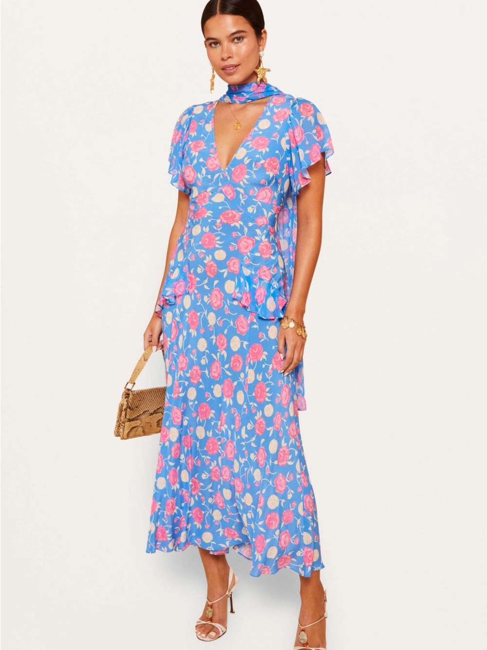 RIXO Evie Silk Midi Dress Rose Shell Blue | Size L
